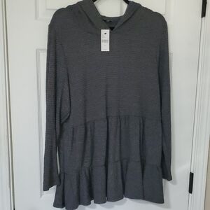 Gray Hooded Tunic with Ruffle Hem